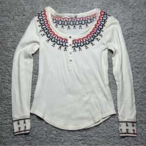 Lucky Brand Top Womens Extra Small Thermal Henley Embroidered Layering Chic Fem